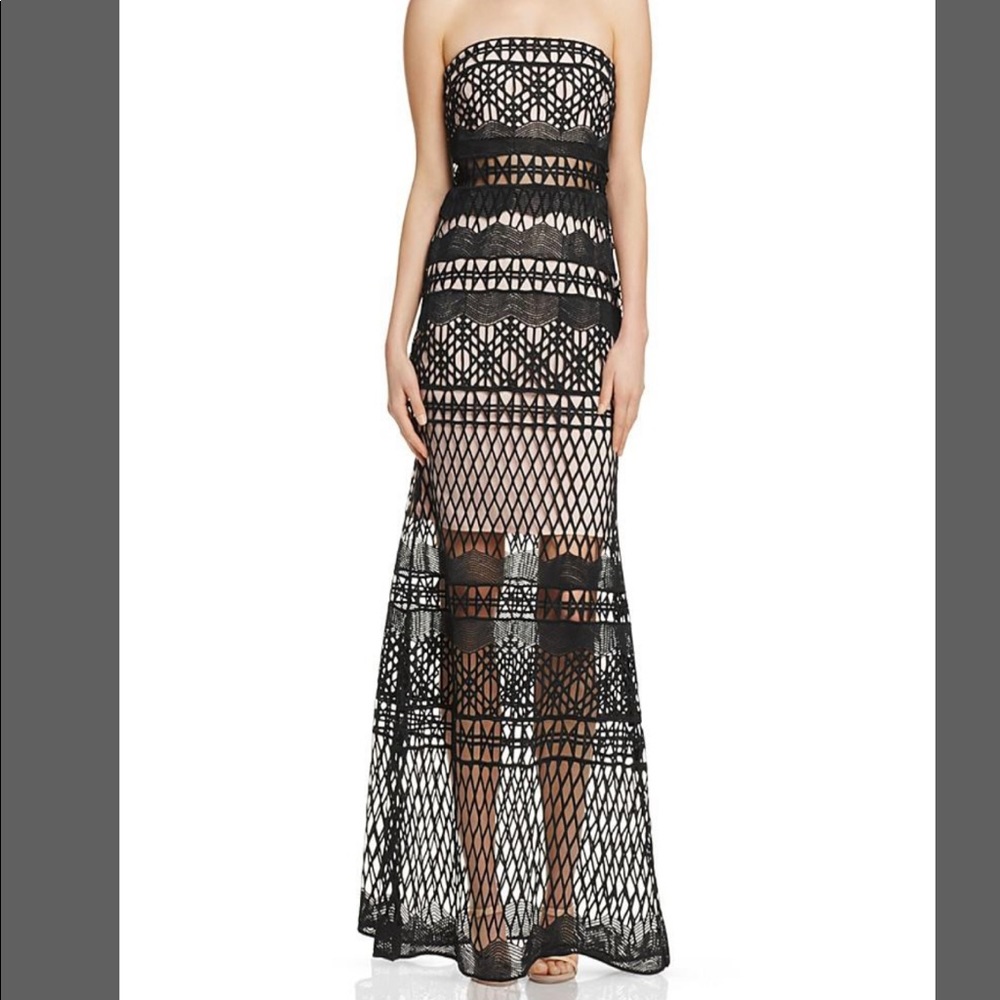 NWT LM Collection Strapless Crochet Lace Gown Prom Dress Black/Nude Sz 2
